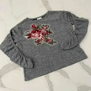 Skylar + Jade Cinched Sleeve Embroidered Floral LongSleeve Top Womens Small Gray